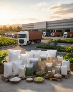 Bulk fertilizer bags and freight trucks at an export warehouse