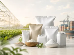 Packaged fertilizer products prepared for international supply